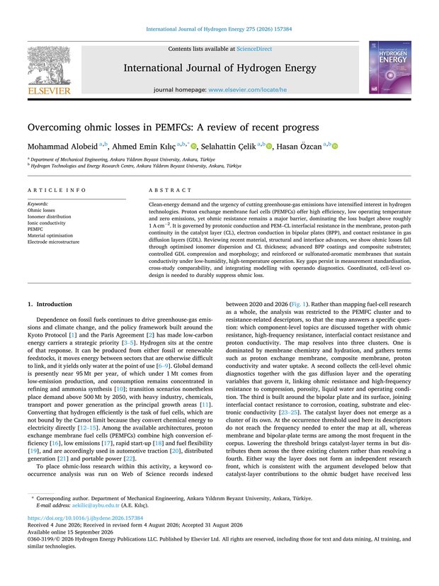 First page of the International Journal of Hydrogen Energy review on ohmic losses in PEM fuel cells